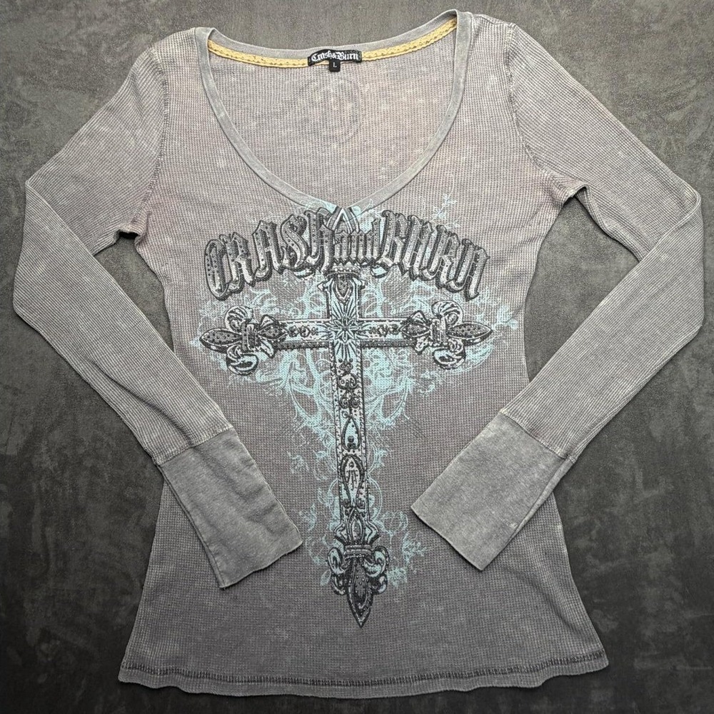 Crash & Burn Thermal Top Womens L Gray Rhinestone Cross Graphic Y2K Grunge Biker
